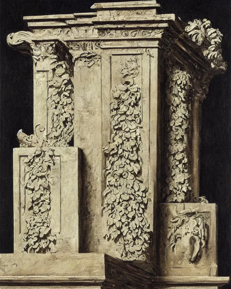 Image similar to achingly beautiful painting of intricate ancient roman corinthian capital on black background by rene magritte, monet, and turner. giovanni battista piranesi.