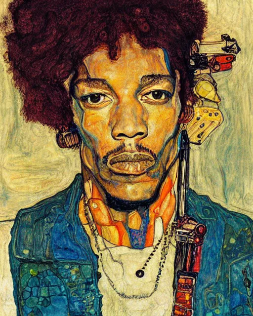 Prompt: portrait of cyberpunk jimi hendrix by egon schiele in the style of greg rutkowski