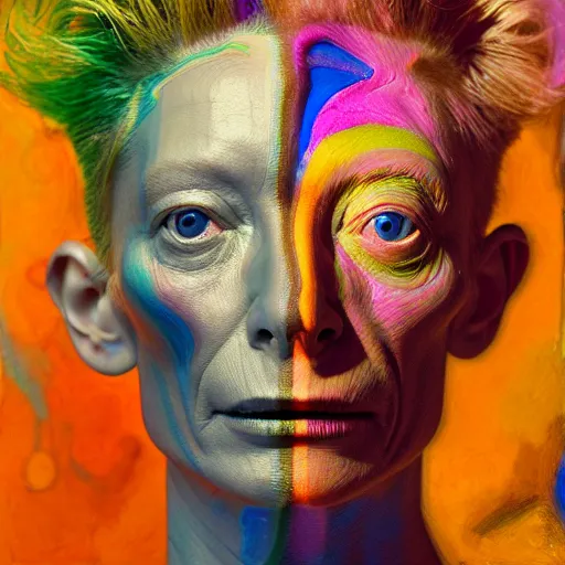 Image similar to a realistic octane render physically based rendering chrome neon tilda swinton, trending on artstation, by archan nair and marlene dumas, intricate details, gilded, in the style of frank auerbach, by kandinsky