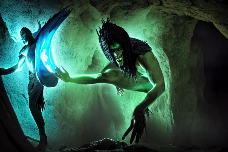 Image similar to vfx film, soul reaver, raziel irl, price of persia movie, missing jaw, hero pose, devouring magic souls, glowing green soul blade, in epic ancient sacred huge cave temple, flat color profile low - key lighting award winning photography arri alexa cinematography, hyper real photorealistic cinematic beautiful, atmospheric cool colorgrade