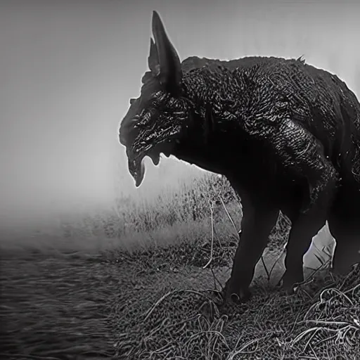 Prompt: giant scary horror creature emerges from the darkest shadows, trail cam footage