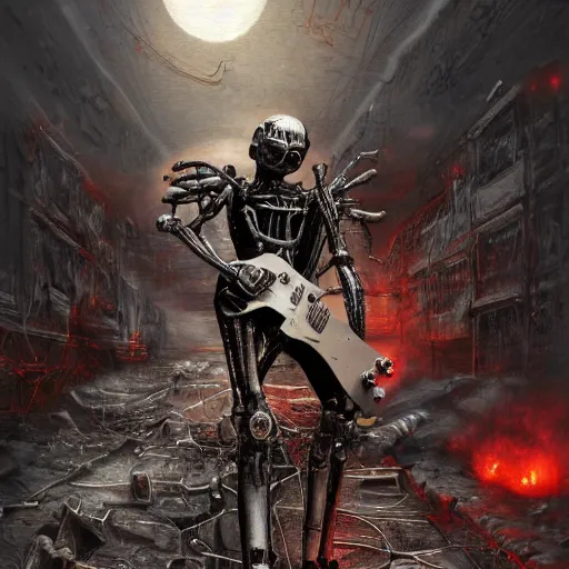 Image similar to death robot shredding guitar, standing in ruined burning street by Yoshitaka Amano, by HR Giger, biomechanical, 4k, hyper detailed, hyperrealism, anime, a Blood Moon rising on a Broken World, deviantart, artstation