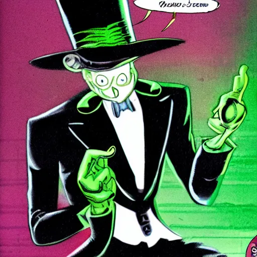 Image similar to tall, skinny, four - armed evil alien voodoo doctor wearing a black neon green tuxedo and top hat, marvel comic book double page