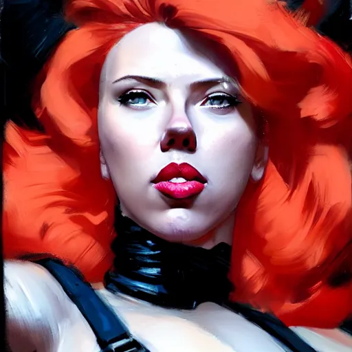 Image similar to greg manchess portrait of scarlett johansson as thick very muscular gothic weightlifter zarya from overwatch with red hair and black lipstick, fantasy medium shot, asymmetrical, profile picture, organic painting, sunny day, matte painting, bold shapes, hard edges, street art, trending on artstation, by huang guangjian and gil elvgren and sachin teng