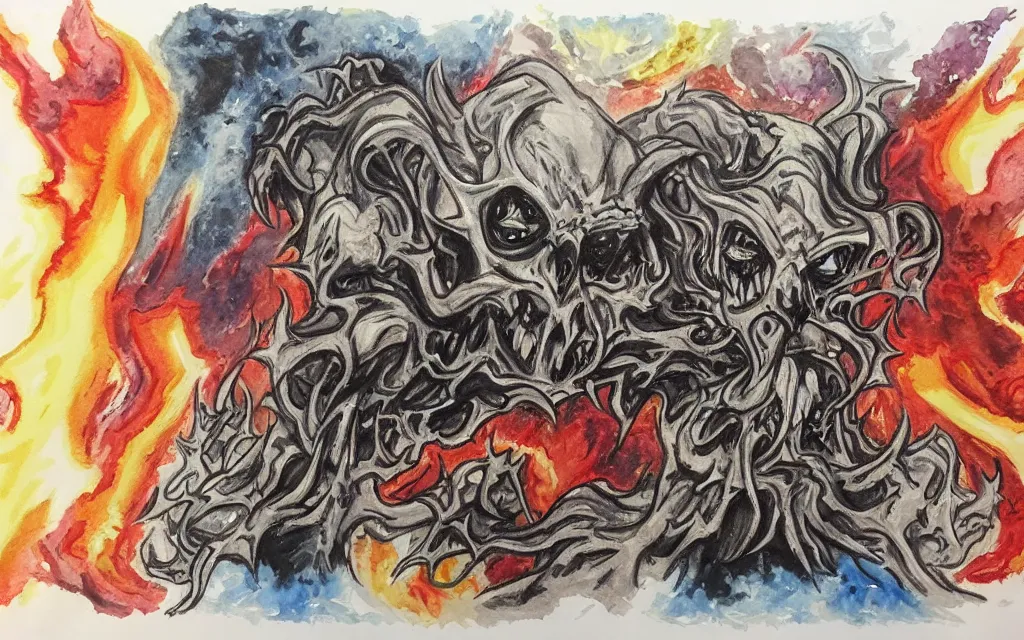 Image similar to a rough water color of the 7 layers of hell, doomsday, satan, pentagram, detailed, busy, hectic