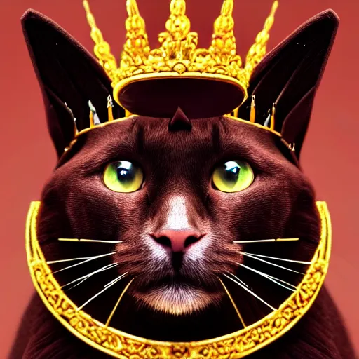 Image similar to chocolate burmese cat wearing royal crown and robes, artstation, fantasy