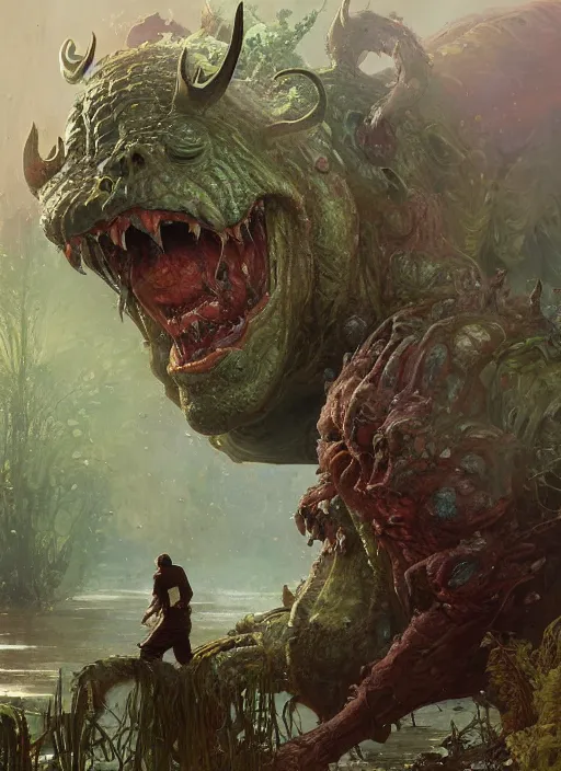 Image similar to huge hulking brute swamp demon king emerging from lake on alien planet, splashing, by sergey kolesov and lawrence alma tadema and norman rockwell and greg staples and craig mullins and john berkey and ruan jia, artstation creature art