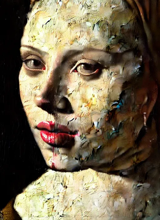 Image similar to portrait of scarlett johansson, oil painting by johannes vermeer, 1 7 th century, art, close up, oil on canvas, wet - on - wet technique, realistic, expressive emotions, intricate textures, illusionistic detail