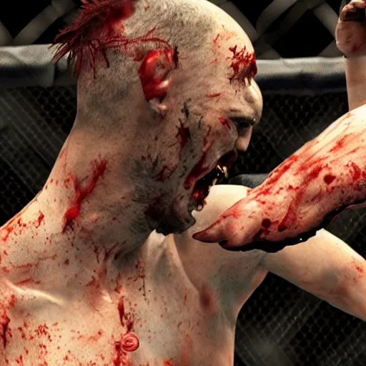 Image similar to action shot of a zombie ufc fighter punching his opponent in the octagon, 4 k, artstation, detailed