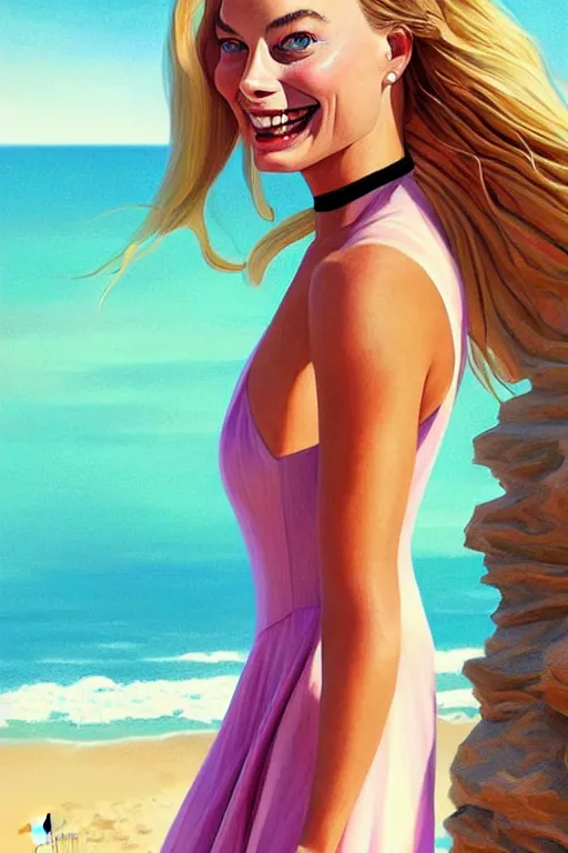 Image similar to portrait of a Margot Robbie wearing a sundress on the beach, looking at camera, D&D, choker on neck, stylish dress, long hair, intricate, elegant, stylish, cute smile, fantasy, extremely detailed, digital painting, artstation, concept art, smooth, sharp focus, illustration, ambient lighting, art by artgerm and greg rutkowski and alphonse mucha and simon stalenhag