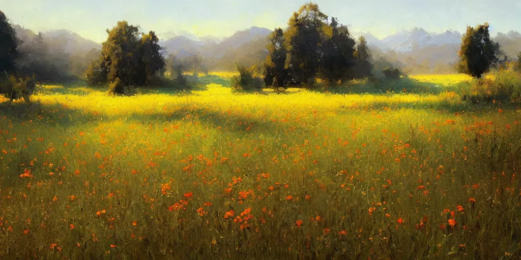 Image similar to a bright oil painting of a beautiful meadow; masterpiece; extremely-detailed; by Craig Mullins