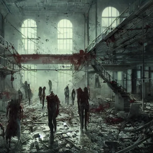 Image similar to zombies walking inside an abandoned laboratory, Matte painting , detailed painting, greg rutkowski