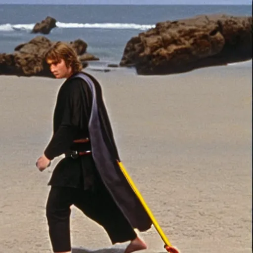 Image similar to Anakin Skywalker!!!, vacuuming on a beach, still from star wars,