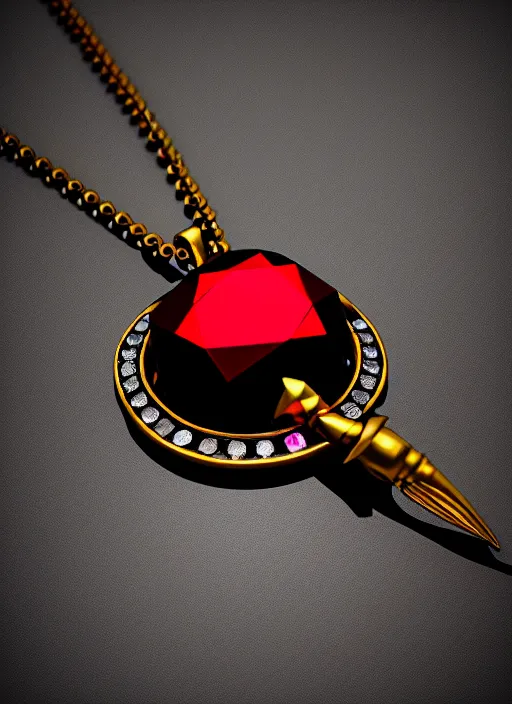 Prompt: rpg item, a black necklace with a fiery red diamond pendant, Unreal 5, DAZ, hyperrealistic, rpg style, octane render, dynamic lighting