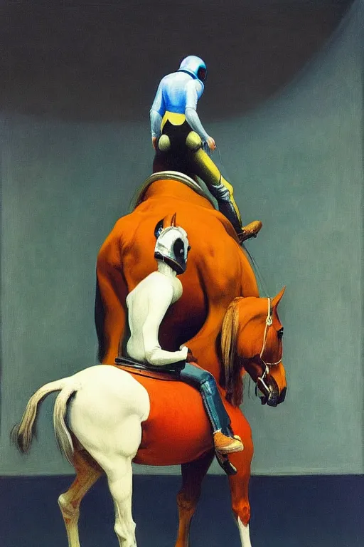 Image similar to a horse stands on the back of a horse astronaut, hauntingly surreal, highly detailed painting by francis bacon, edward hopper, adrian ghenie, gerhard richter, and james jean soft light 4 k,