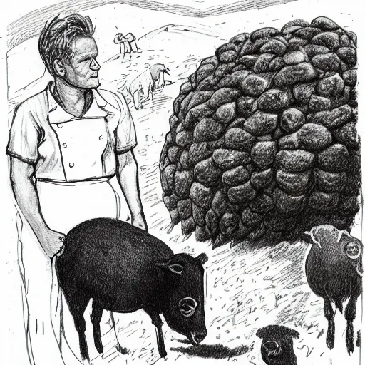 Image similar to gordon ramsey standing over lambs, gordon ramsey apologizing to the lambs, by kati horna and mœbius, pencil sketch, storybook illustration victorian shoal bean juniper, by ruta kenny and vincent di fate, black velvet