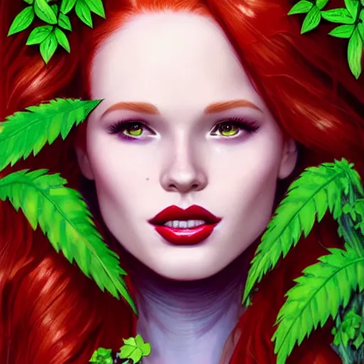 Image similar to beautiful Madelaine Petsch poison ivy DC comics, evil smile, realistic character concept, fun pose, comic book, illustration, slender symmetrical face and body, surrounded by vines and plants, artstation, cinematic lighting, hyperdetailed, high resolution, Charlie Bowater, Tom Bagshaw, single face, insanely detailed and intricate, beautiful