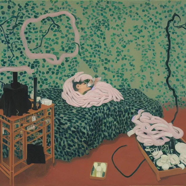 Image similar to a female pathology student in her apartment, wrapped in vines, medical equipment, candles, octopus, first aid kit, pig, black walls, ikebana, black armchair, sculpture, acrylic on canvas, surrealist, by magritte and monet