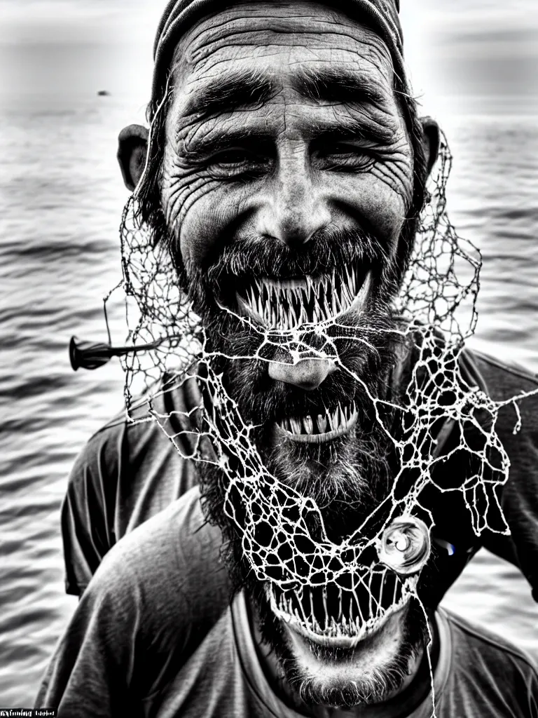 Prompt: an imperfect journalistic portrait of a fisherman, after he has caught a fractal cluster of chimeric biomechanical humans in his net. he grins proudly, baring his gargantuan razor sharp teeth like blades of a professional food processor