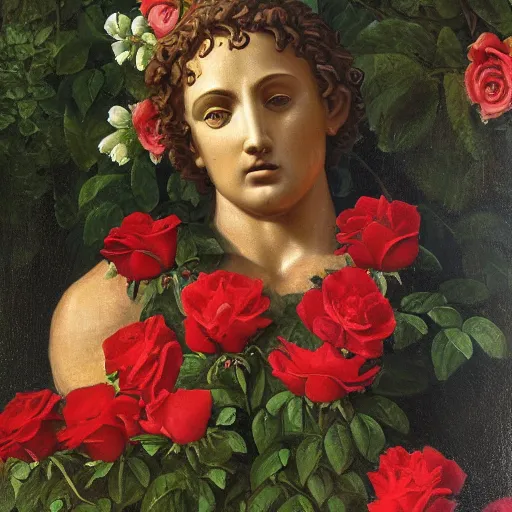 Prompt: portrait of a greek statue buried among the roses in roses, by julia pott