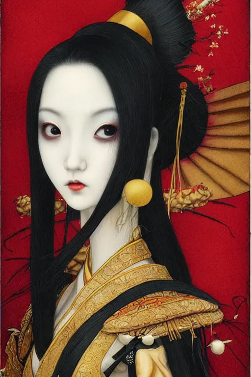 Prompt: watercolor painting of a japanese bjd geisha vampire with a long neck by tom bagshaw, amy sol, mark ryden in the style of thoth tarot card, dark - fantasy, showa era, red, gold, black