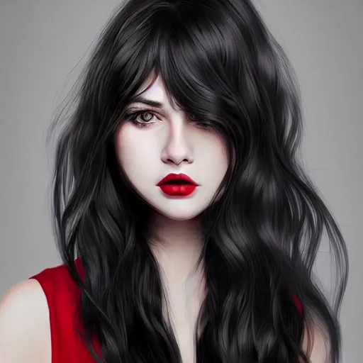 Prompt: a realistic illustration portrait of a beautiful cute girl with wavy black red hair, a pointy nose and, round chin black eyeliner, trending on artstation, hyper - realistic lighting