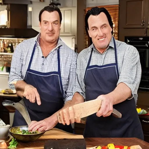 Image similar to john travolva and steven segal host a cooking show