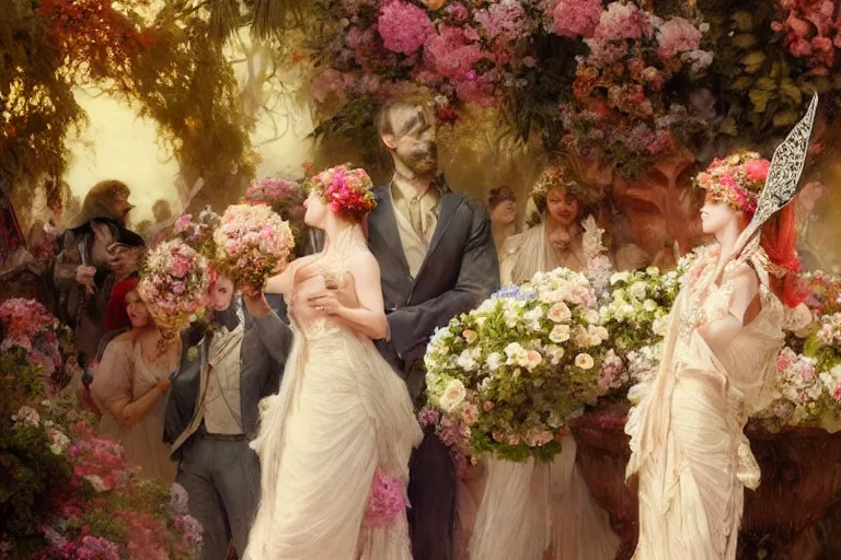 Image similar to the groom look at the bride at a wedding full of flowers, bright and happy, dreamlike art, highly detail, 4 k realistic, wedding photoy krenz cushart, artem demura, yoji shinkawa artgerm, jon lothian, danilo torres. adi meyers. thomas reimann. gaston bussiere.