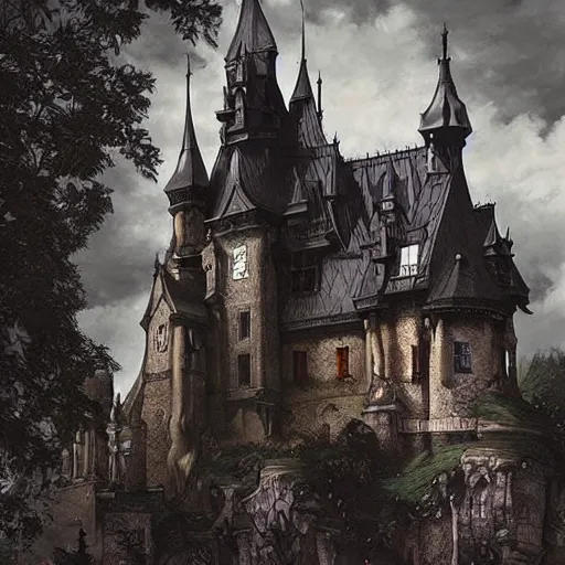 Image similar to a fantasy goth castle on hill, digital art, photorealistic, dark, smooth, sharp focus, artgerm, alphonse mucha