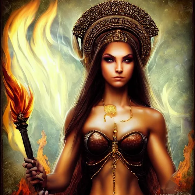 Prompt: perfectly centered close up portrait, goddess of fire, perfect human female specimen, candid photography, by anne stokes, highly detailed