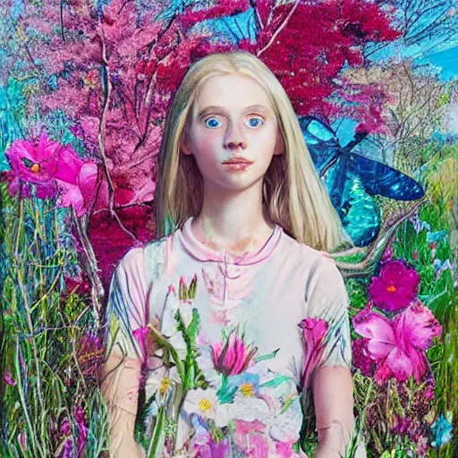 Image similar to beige by eleanor vere boyle, by bordalo ii bold, straight. a computer art of a young girl with blonde hair, blue eyes, & a pink dress. she is standing in a meadow with flowers & trees.