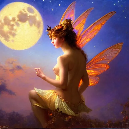 Image similar to attractive fairy magically floating high in the night, fantasy, full moon in background. highly detailed painting by gaston bussiere, craig mullins, j. c. leyendecker, sharp focus, 8 k