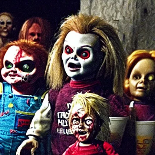 Image similar to Chucky the killer doll from the movie Child's Play surrounded by zombies in a still from the movie Dawn of the Dead 8k hdr