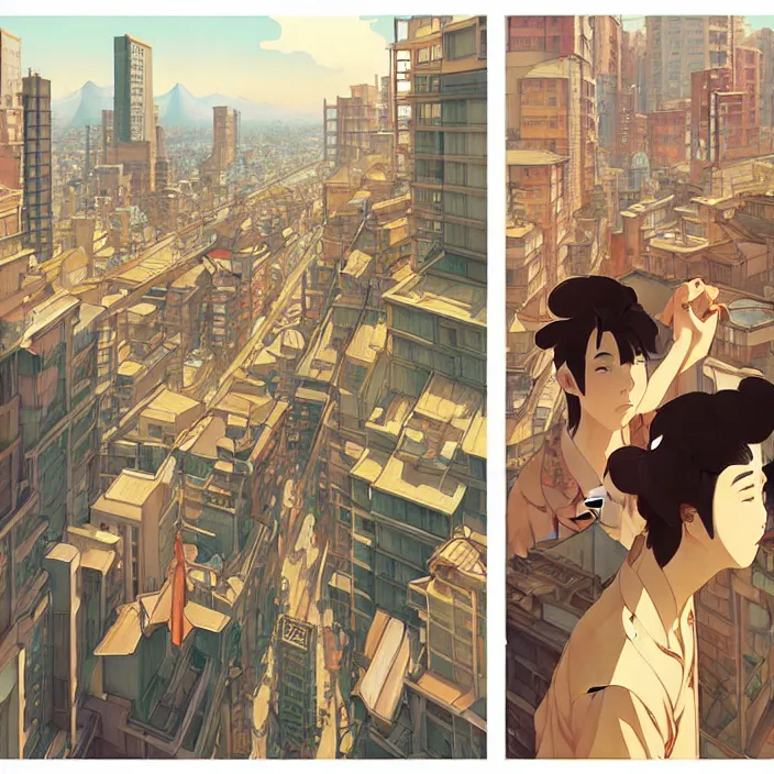 Image similar to japanese big city, summer, in the style of studio ghibli, j. c. leyendecker, greg rutkowski, artem