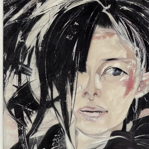 Image similar to Oil portrait with rough strokes in three quarter angle of a manga girl with white hair and black eyes wearing office suit in the style of Yoshitaka Amano drawn with expressive brush strokes and with the abstract floral black and white pattern in the background