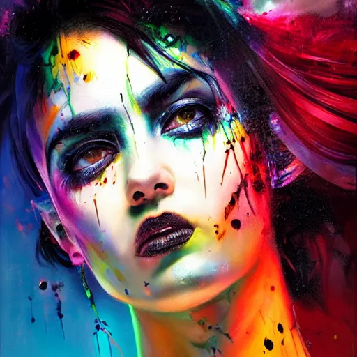 Prompt: cyberpunk goddess, black hair, angry, side portrait, striking, defiant, spotlight, vibrant colors, paint splash, beautiful eyes, by marco paludet and gianni strino and marion bolognesi