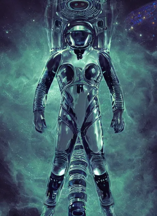 Prompt: astronauts aliens in dark and empty void underwater - complex and hyperdetailed technical suit. reflection and dispersion materials. glowing helmet. rays and dispersion of light. volumetric light. 5 0 mm, f / 3 2. noise film photo. flash photography. ultra realistic, wide angle. poster by wayne barlowe, hajime sorayama aaron horkey, craig mullins