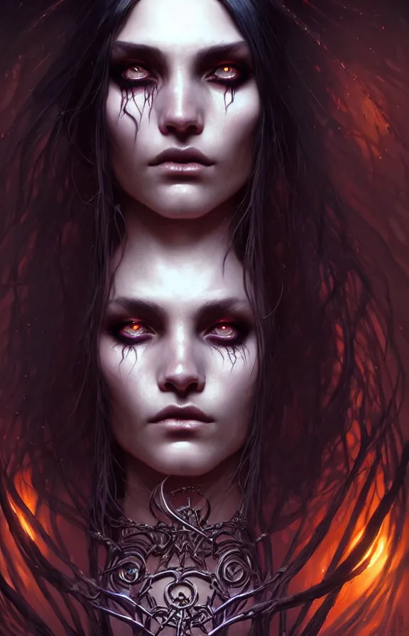 Image similar to Necromancer Sorceress face close-up macro in center, fantasy magic, undercut hairstyle, dark light night, intricate, elegant, sharp focus, illustration, highly detailed, digital painting, concept art, matte, art by WLOP and Artgerm and Greg Rutkowski and Alphonse Mucha, masterpiece