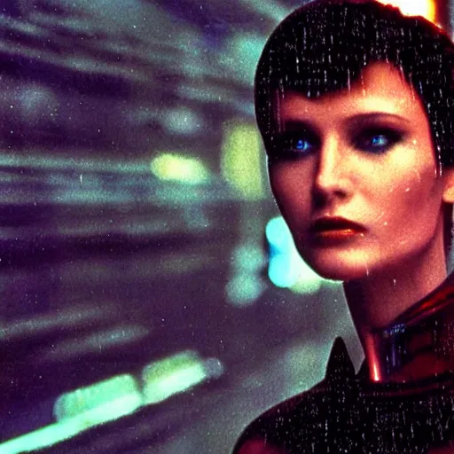 Image similar to close up portrait of rachael tyrell from blade runner at tyrell headquarters photographed by annie leibovitz, cyberpunk, colorful!, nighttime!, raining!