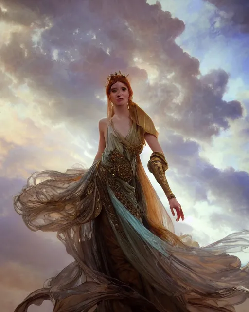 Image similar to a beautiful close up portrait of a sorceress floating on air with elegant looks, flowing robe, ornate and flowing, intricate and soft by ruan jia, tom bagshaw, alphonse mucha, wlop, beautiful roman architectural ruins in the background, epic sky, vray render, artstation, deviantart, pinterest, 5 0 0 px models