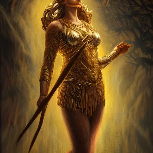 Image similar to majestic gracious regal deity artemis portrait, ancient greece, goddess of the hunt, the wilderness, atmospheric lighting, painted, intricate, volumetric lighting, beautiful, rich deep colours masterpiece, golden hour, sharp focus, ultra detailed, by leesha hannigan, ross tran, thierry doizon, kai carpenter, ignacio fernandez rios