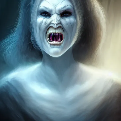 Image similar to a roaring ghost, scary, pale - skinned, illustration, cinematic lighting, 8 k, d & d, frostbite 3 engine, artstation, intricate, digital art, crepuscular ray, art by anne stokes, alexandros pyromallis, wes benscoter