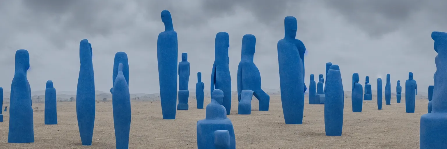 Image similar to towering blue ceramic statues in an en endless blue desert with an overcast sky, cinematic composition, coloured smoke in the distance