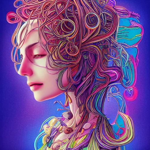 Image similar to the head of a ridiculously beautiful and pretty woman partially made of onion rings of all colors looking up, an ultrafine detailed illustration by james jean, final fantasy, intricate linework, bright colors, behance contest winner, vanitas, angular, altermodern, unreal engine 5 highly rendered, global illumination, radiant light, detailed and intricate environment