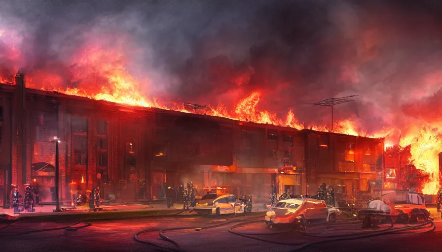 Prompt: A detailed render of a scene of Fire and explosions at the 3rd precinct in Minneapolis on fire, sci-fi concept art, lots of fire, dark, clouds, 8k, high detail, advanced rendering whimsically designed art, 4k post-processing highly detailed, Soft illumination