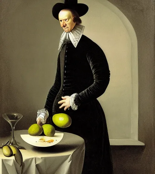 Image similar to Elegant avocado man at night, artwork by Pieter Claesz