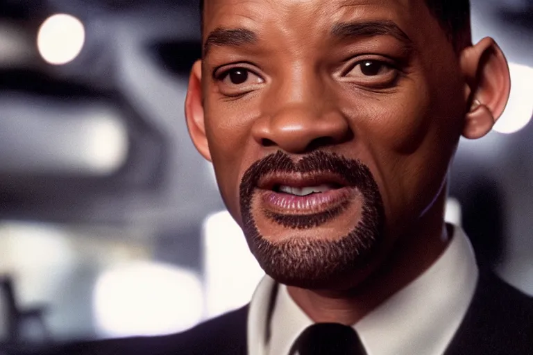 Prompt: cinematic still of will smith in men in black ( 2 0 0 1 ), xf iq 4, f / 1. 4, iso 2 0 0, 1 / 1 6 0 s, 8 k, raw, dramatic lighting, symmetrical balance, in - frame, highly accurate facial features