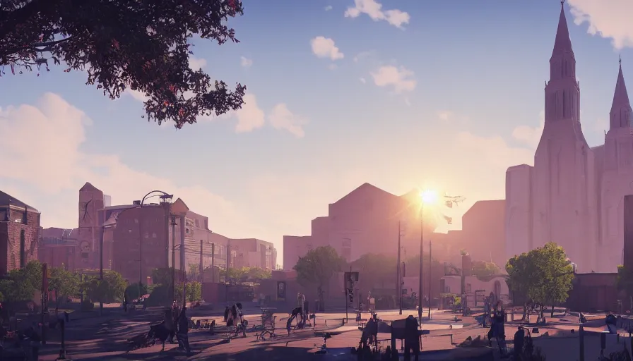 Image similar to midwest city with church, square, trees, sunny day, volumetric light, people on streets, hyperdetailed, artstation, cgsociety, 8 k