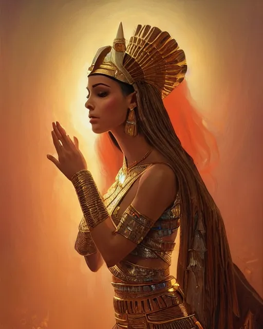 Image similar to Jessica Kahawaty as a beautiful egyptian princess, gorgeous, portrait, Symmetrical, powerful, intricate, beautiful, masterpiece, elegant, volumetric lighting, highly detailed, artstation, sharp focus, no cropping, illustration, Peter Mohrbacher, Artgerm, Jean-Léon Gérôme , ruan jia