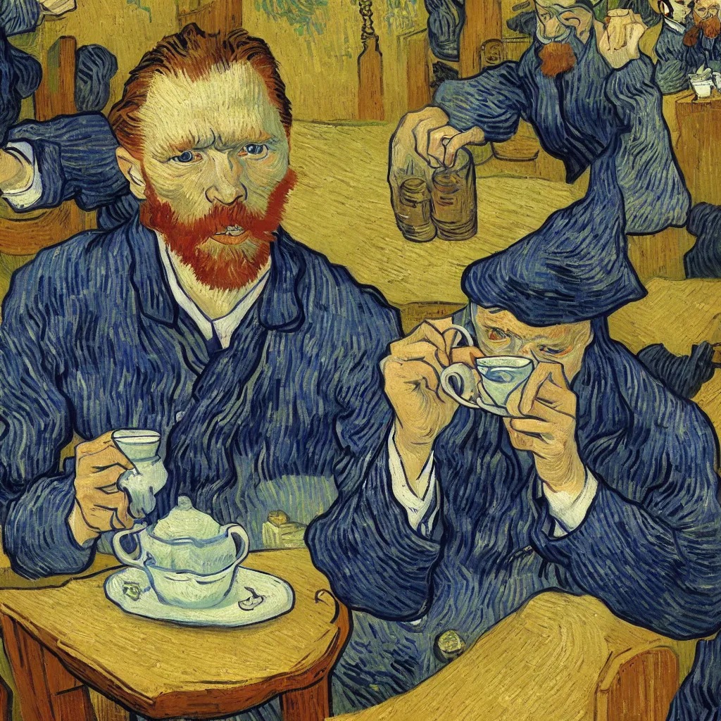 Prompt: van gogh drinking tea in chengdu, by lijiayan, trending on artstation.